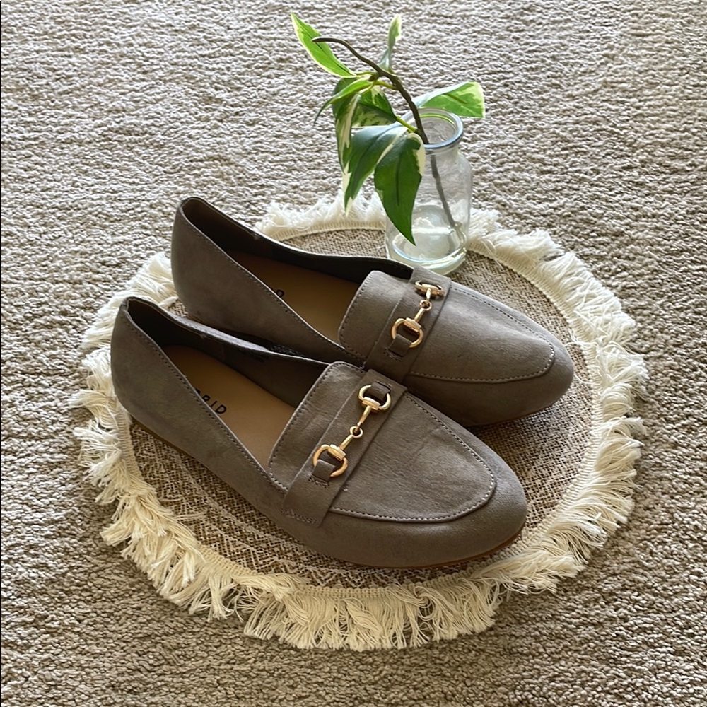 Torrid Taupe Loafers with Gold Buckles